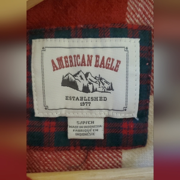 American Eagle Red & Cream Cotton Hooded Plaid Flannel Shirt Shacket Size Small - Picture 8 of 9